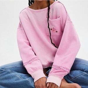 Free People Golden Hour Elegant Pink Lace Women's Sweatshirt NWT L